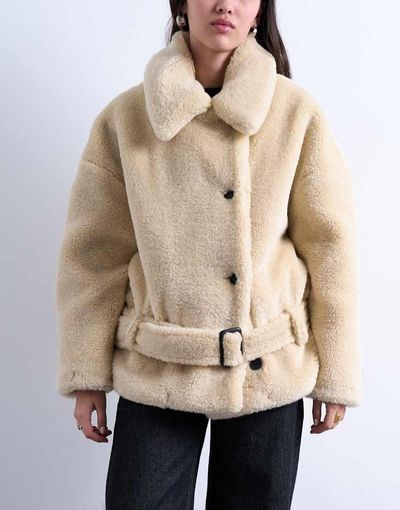 Topshop Topshop teddy belted short car coat in cream-White