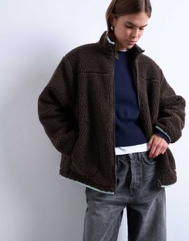 Topshop Topshop teddy fleece jacket with contrast piping in brown