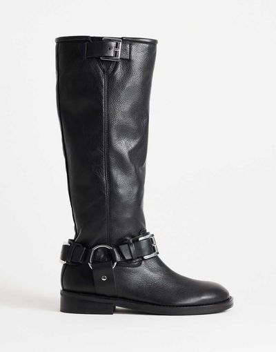 Topshop Topshop Tee premium leather knee high riding boot in black