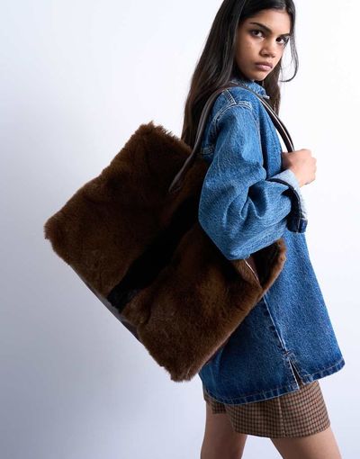 Topshop Topshop Teven faux fur tote bag in brown