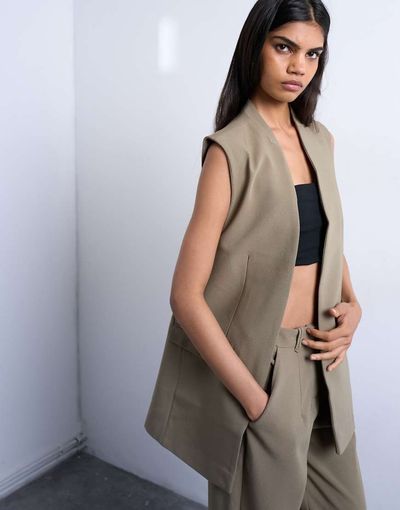 Topshop Topshop throw-on sleeveless blazer in mushroom - part of a set-Brown
