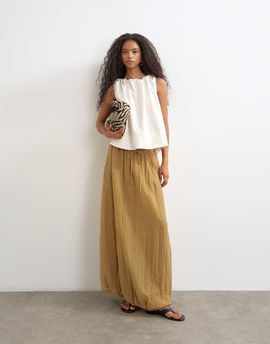 Topshop Topshop tie detail crinkle bubble hem maxi skirt in camel-Neutral