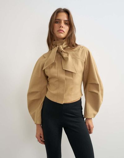 Topshop Topshop tie neck fitted ovoid sleeve jacket in beige-Brown