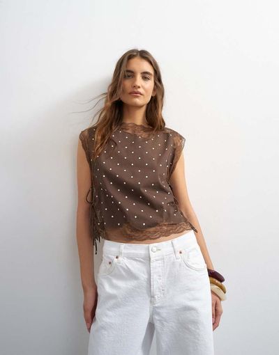 Topshop Topshop tie side lace detail top in chocolate dot-Multi