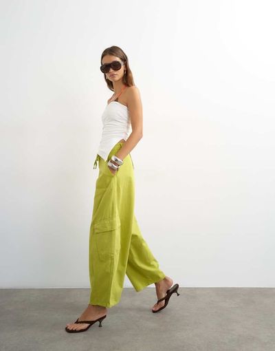 Topshop Topshop tie waist cargo pants in lime green