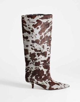Topshop Topshop Tina hair-on-real leather kitten heel knee boots in gray leopard-Neutral