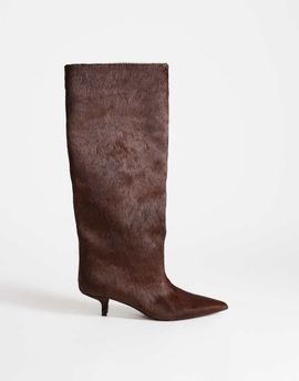 Topshop Topshop Tina hair-on real leather kitten heel knee boots in chestnut-Brown