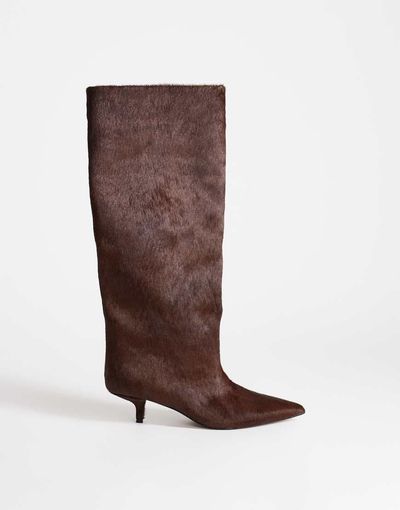 Topshop Topshop Tina hair-on real leather kitten heel knee boots in chestnut-Brown