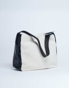 Topshop Topshop Tish shearling tote bag with contrast strap in cream & black-White