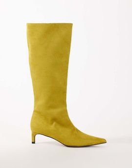Topshop Topshop Troy kitten heel knee high boots in olive faux suede-Green
