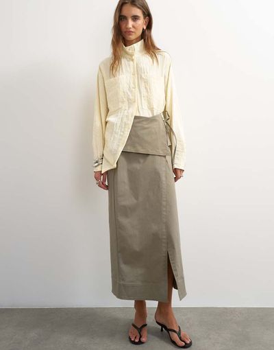Topshop Topshop twill wrap tie detail maxi skirt in charcoal gray