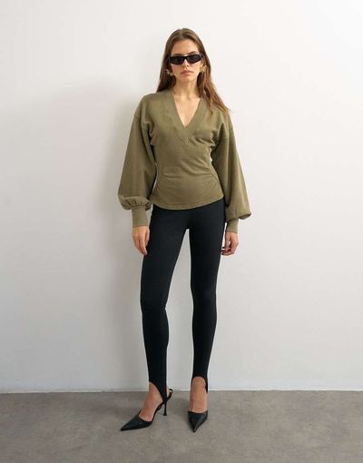 Topshop Topshop v-neck cinch waist sweatshirt in khaki-Green