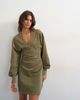Topshop Topshop v-neck cinched waist sweatshirt mini dress in khaki-Green - 2
