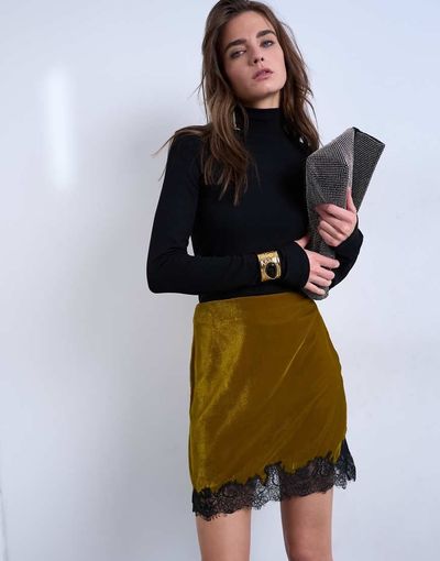 Topshop Topshop velvet lace mini skirt in olive-Green