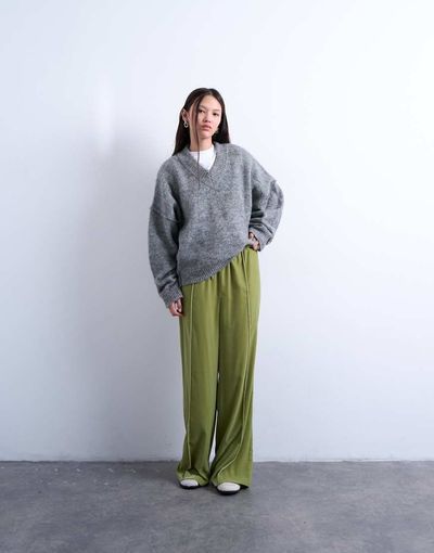 Topshop Topshop velvet mid rise tie waist wide leg sweatpants in bright green