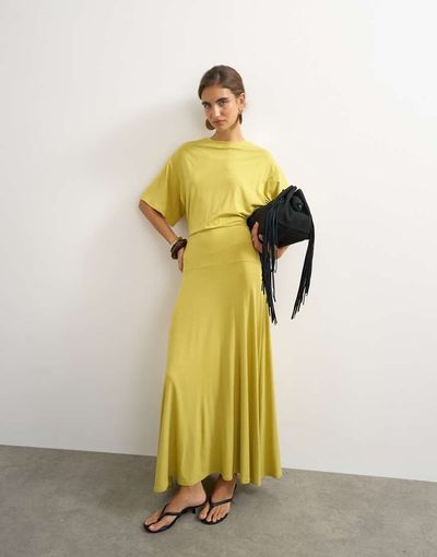 Topshop Topshop viscose blend jersey dropped waist maxi dress in lime-Yellow