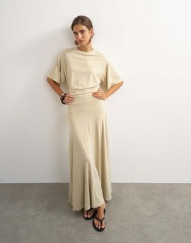 Topshop Topshop viscose blend jersey dropped waist maxi dress in stone-White