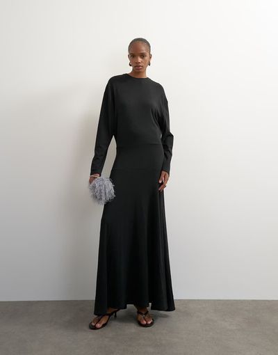 Topshop Topshop viscose blend jersey long sleeve dropped waist maxi dress in black