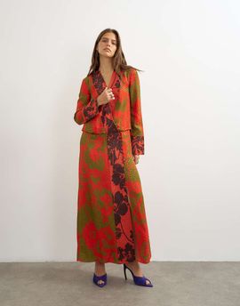 Topshop Topshop viscose satin jacquard dropped waist long sleeve wrap front maxi dress in mixed red floral