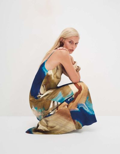 Topshop Topshop viscose satin low scoop flood length maxi slip dress in abstract ochre print-Multi