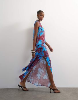 Topshop Topshop viscose satin racer neck blouson dropped asymmetric waist maxi dress in brown wavy floral print-MULTI