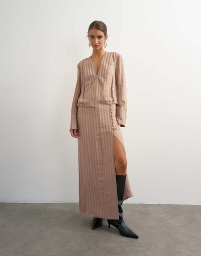 Topshop Topshop viscose satin stripe dropped waist long sleeve wrap front maxi dress in taupe-NEUTRAL