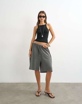 Topshop Topshop washed long line tie detail shorts in washed charcoal-Black
