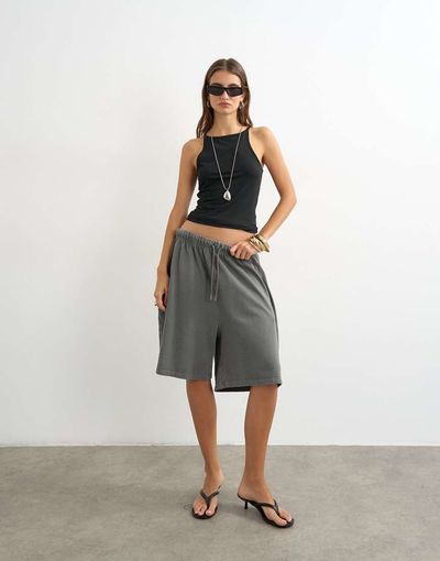 Topshop Topshop washed long line tie detail shorts in washed charcoal-Black