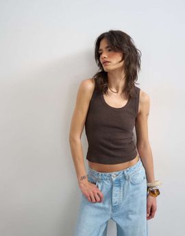 Topshop Topshop washed waffle tank top with woven trim in dark chocolate-Brown