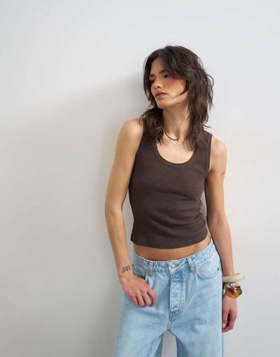 Topshop Topshop washed waffle tank top with woven trim in dark chocolate-Brown