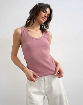 Topshop Topshop washed waffle tank top with woven trim in mauve-Purple