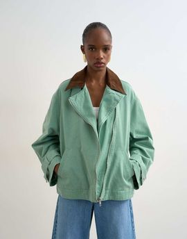 Topshop Topshop washed zip front jacket with contrast corduroy collar in turquoise-Blue