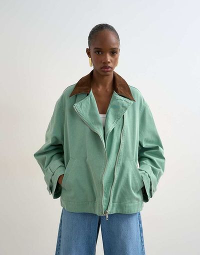 Topshop Topshop washed zip front jacket with contrast corduroy collar in turquoise-Blue