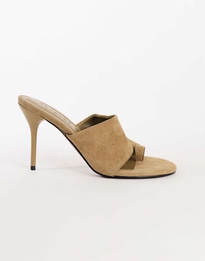 Topshop Topshop Winnie real suede toe post heeled mules in taupe-Neutral