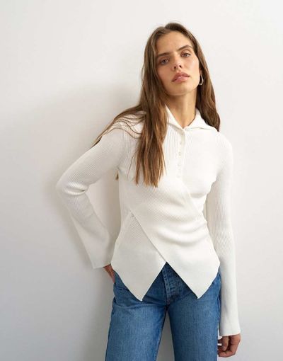 Topshop Topshop wool blend knit asymmetric shawl collar sweater in ivory-White