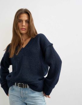 Topshop Topshop wool blend knit v-neck slouchy rolled seam detailing sweater in midnight-Navy