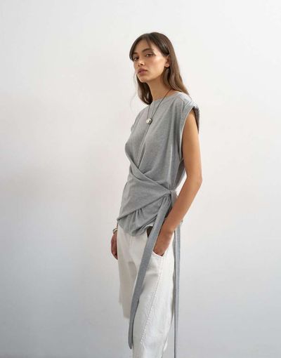 Topshop Topshop wrap detail cap sleeve top in gray heather