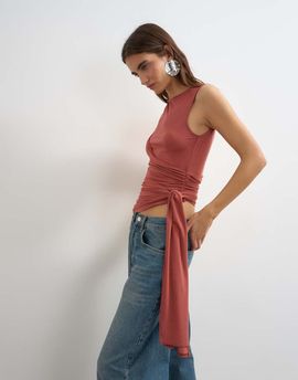 Topshop Topshop wrap drape tank with tie in rust-White