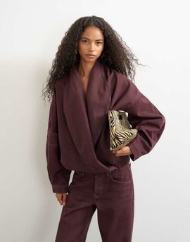 Topshop Topshop wrap draped neckline bomber jacket in aubergine-Brown