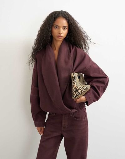 Topshop Topshop wrap draped neckline bomber jacket in aubergine-Brown