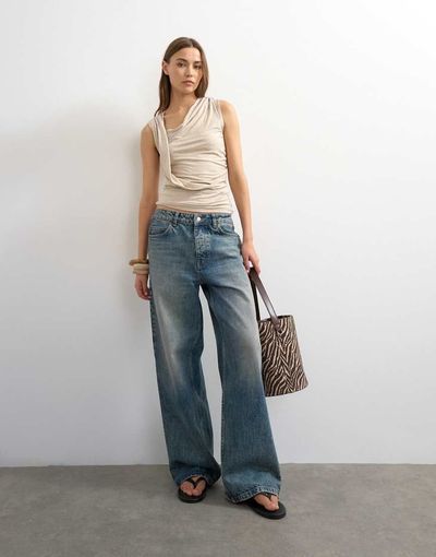 Topshop Topshop wrap front drape detail tank in oat-White