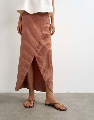 Topshop Topshop wrap maxi skirt in rust stripes-Red