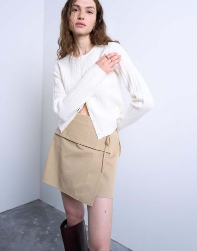 Topshop Topshop wrap tailored mini skirt in taupe-Brown