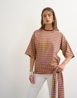 Topshop Topshop wrap waist tie detail top in neutral stripes-Multi