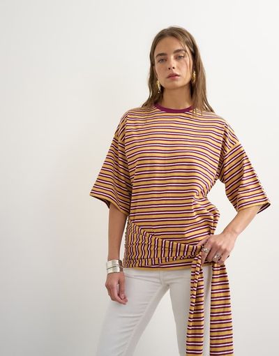 Topshop Topshop wrap waist tie detail top in neutral stripes-Multi