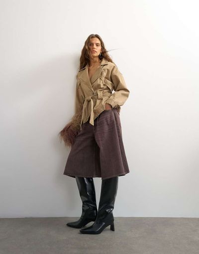 Topshop Topshop x Cara denim ultra-wide pleated culotte in taupe-pink