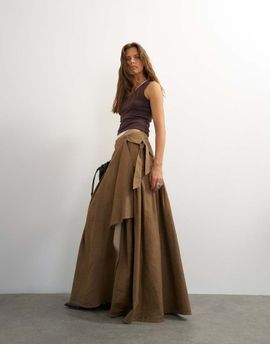 Topshop Topshop x Cara denim waterfall drape pleated skirt in camel-Neutral