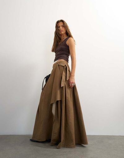 Topshop Topshop x Cara denim waterfall drape pleated skirt in camel-Neutral
