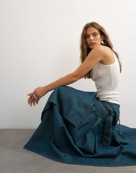 Topshop Topshop x Cara denim waterfall drape pleated skirt in green cast-Blue