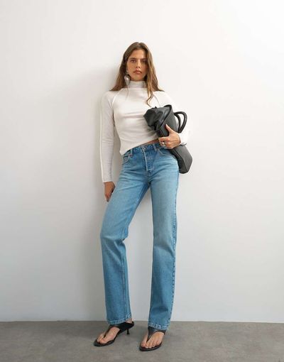 Topshop Topshop x Cara mid rise slim straight jeans in green cast-Blue